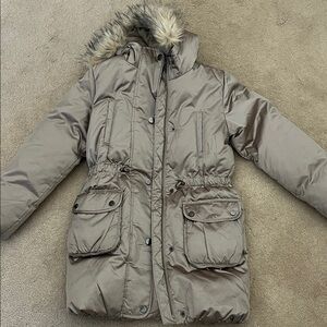 GAP kids Brown Puffer Coat with Faux Fur Hood